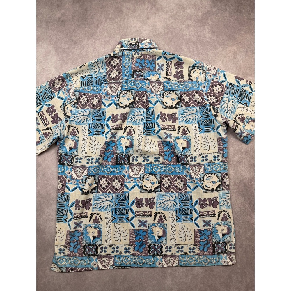 Nui Nalu Mens Blue Tribal Fish Block Print Hawaiian Popover Shirt Large Hawaii - Picture 2 of 10